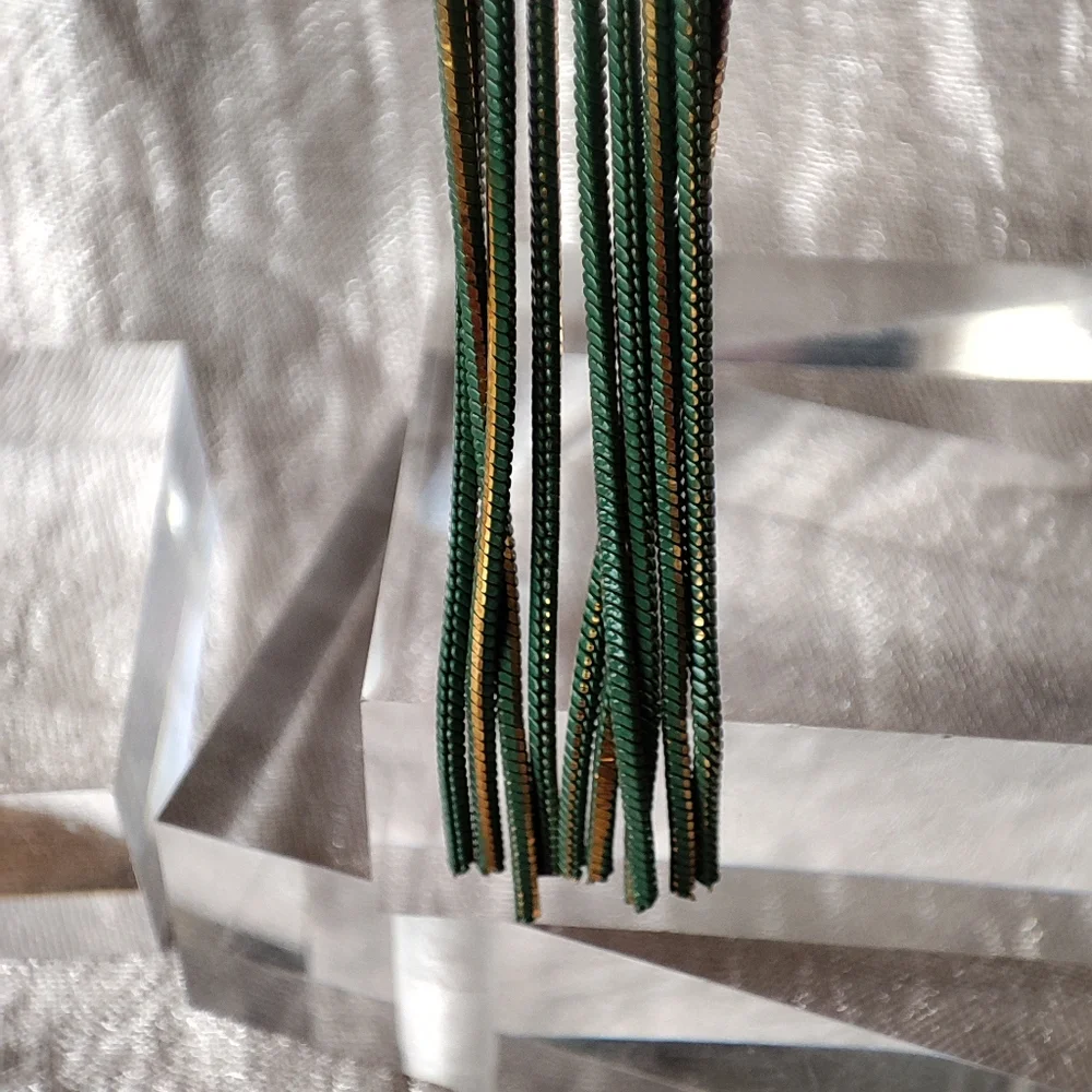 Gold Tone Hammered Elegant Green Flat Snake Chain Long Pierced Earrings NWOT